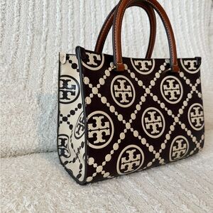 Tory Burch T-Monogram Contrast Embossed Tote in Maroon/New Cream